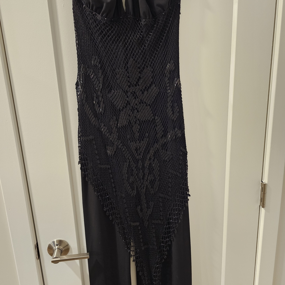 CACHE Black Beaded Crochet Overlay Pant Jumpsuit